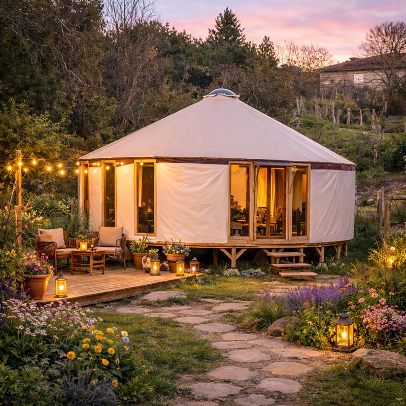 Yurta con luces al atardecer